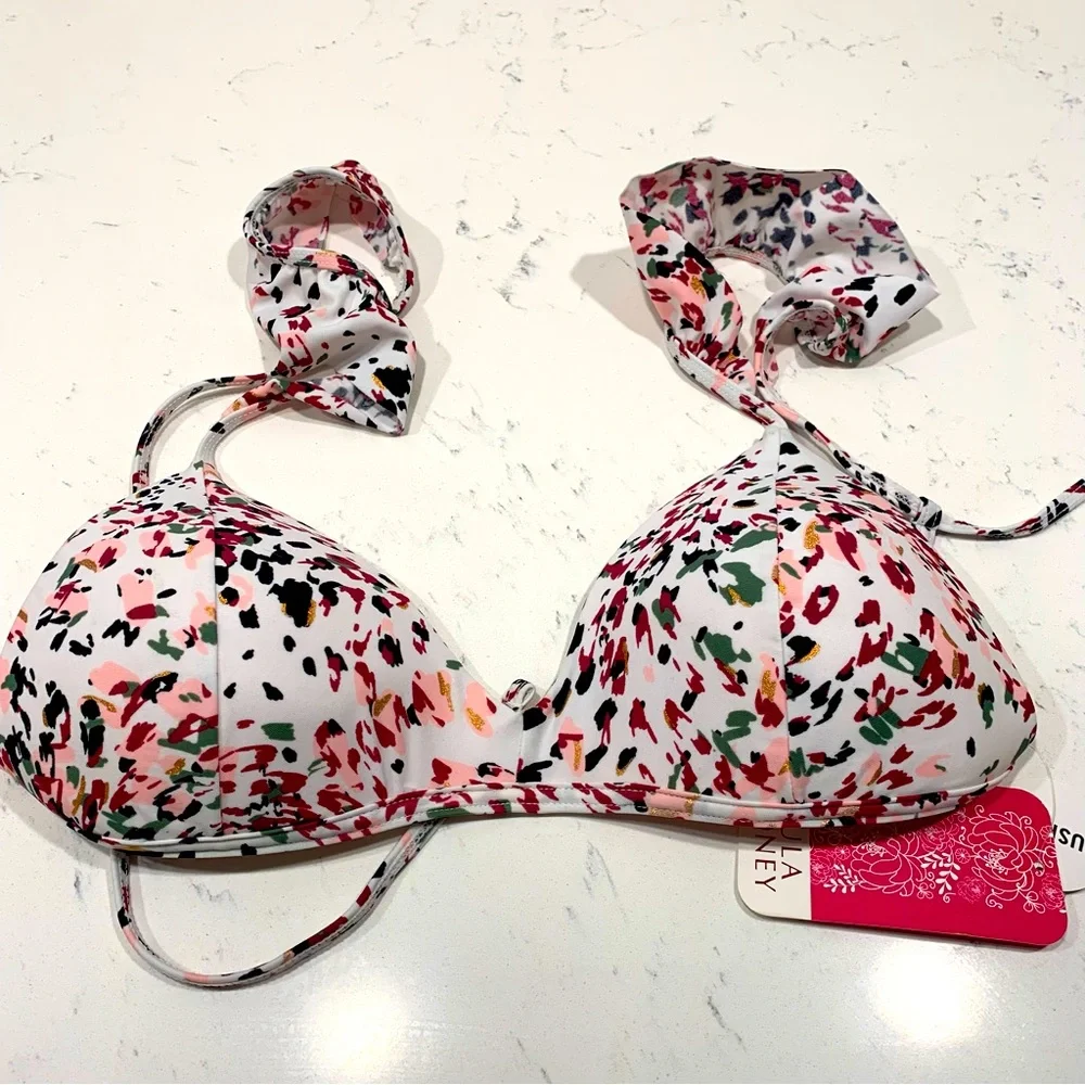 HULA HONEY Push-Up Bikini Top White Pink Large Ruffle Shoulder NWT